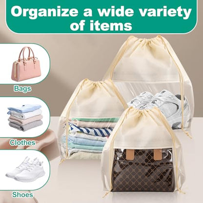 12 PCS Dust Bags for Handbags, Drawstring Bags, Beige, 4 Size | Dustproof Breathable Non Woven Fabric Cloth Pouch Bag, Purses Organizers Storage Bags for Handbags Shoes Purses