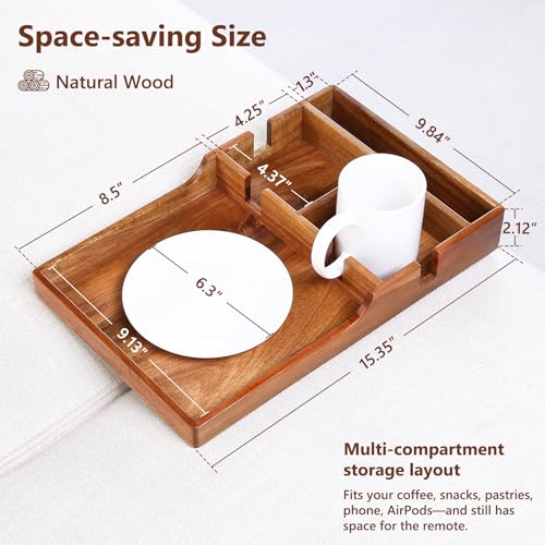 Couch Insert Tray for Middle Seat, Acacia Wood Couch Table with 2 Cup Holders, Fits Armless Sofa & Sectionals, Fold-Flat Tray for Drinks, Snacks & Remotes
