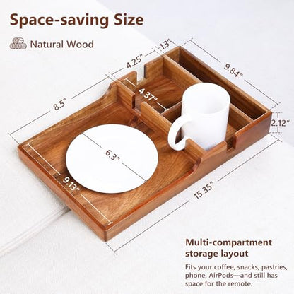 Couch Insert Tray for Middle Seat, Acacia Wood Couch Table with 2 Cup Holders, Fits Armless Sofa & Sectionals, Fold-Flat Tray for Drinks, Snacks & Remotes
