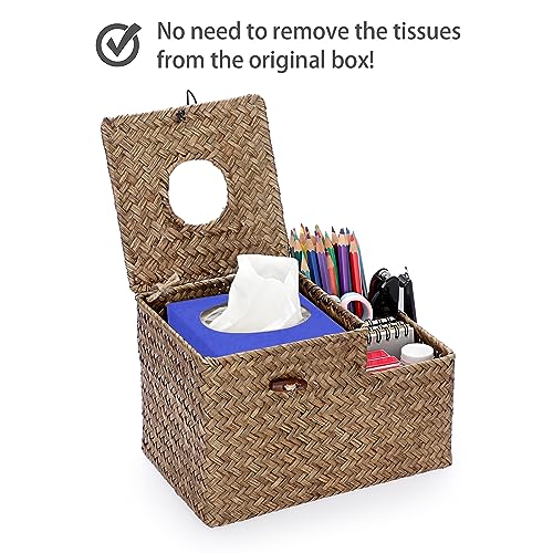 Sumnacon Tissue Box Cover Square Tissue Box Woven Seagrass Tissue Box Holder with Side Organizer, Rustic Tissue Holder for Living Room Bathroom Bedroom Kitchen Office Table Desk, Coffee
