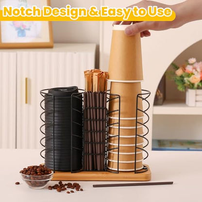 Coffee Station Organizer for Countertop, Cup and Lid Organizer with Straw Holder, 3 Section Disposable Cup Dispenser Rack with Bamboo Base for Office, Cafe, Kitchen, Break Room