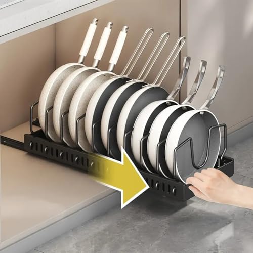 AmoiChic 2 Pack Pull Out Cabinet Organizer for Pots and Pans, Black Storage Rack with 8 Adjustable Dividers, Kitchen Cabinet Organizer for Pot Lids, Bakeware, Dishes Storage