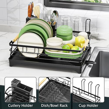 Epicano Dish Drying Rack for Kitchen Counter,Black,Large Capacity | Raised Feet,Rustproof,Wooden Handle,Auto-Drainage System,Cup Holder & Knife Slots, Sink Storage Organizer