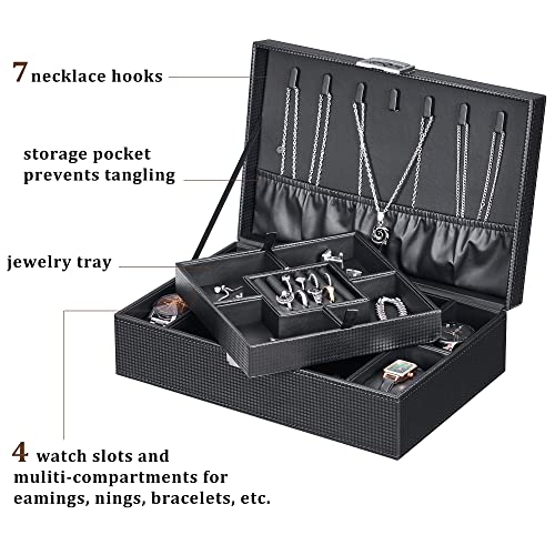 BEWISHOME Mens Jewelry Box Organizer, Jewelry Box for Men Women | with 4 Watch Case Removable Tray, Jewelry Display Storage Case, Carbon Fiber Design Earring Ring Bracelet Case, Black SSH07C