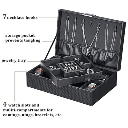BEWISHOME Mens Jewelry Box Organizer, Jewelry Box for Men Women | with 4 Watch Case Removable Tray, Jewelry Display Storage Case, Carbon Fiber Design Earring Ring Bracelet Case, Black SSH07C