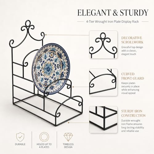 4-Tier Metal Scrollwork Dish Rack Plate Rack Display Stand Holder Cabinet Organizer Set of 2