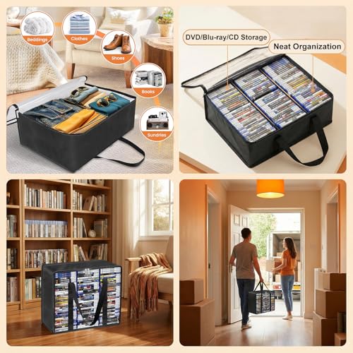 DVD Storage Bags 2 Pack, Clear Media Organizer Holds 140 DVDs&& Blu ray && Video Game, Plastic Holder with Reinforced Handles for Quilt, Pillow & Clothing