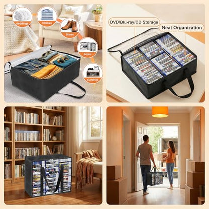 DVD Storage Bags 2 Pack, Clear Media Organizer Holds 140 DVDs&& Blu ray && Video Game, Plastic Holder with Reinforced Handles for Quilt, Pillow & Clothing