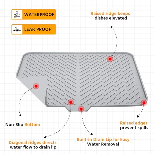Silicone Dish Drying Mat with Built-in Drain Lip - Hygienic Drying Pad - Sturdy Compact Easy to Clean Tray Protects Surfaces Prevents Water Build Up - 23 X 17 (Grey)