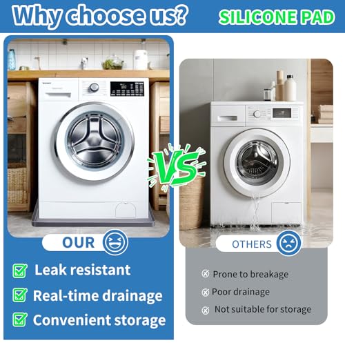 Washing Machine Drain Pan Silicone mat 27"x27" with 0.79" Raised Edges, Leak-Proof Silicone Mat, Non-Slip Waterproof Floor Protector for Washer Dryer (Grey)