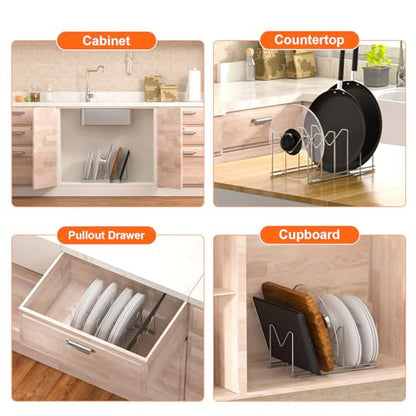 HzTinT 3 Pack Pot Lid Organizer, Holds 15 Lids, Plate & Cutting Board Rack | with Stainless Steel Build and Anti-Slip Pads, Lid Organizer for Cabinets, Drawers and Countertops, Silver
