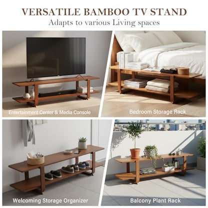 Walnut TV Stand for 65-Inch TVs, 2 Open Shelves, Modern Media Console | Bamboo Construction, Mid Century Style, Open Storage for Electronics and Decor in Living Rooms and Bedrooms