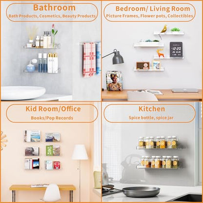 Clear Acrylic Shelves for Wall with Adhesive,6 PCS 15" No Drill Floating Shelves for Bedroom,Bathroom,Wall Display Shelf for Funko Pop,Lego,Collectibles,Action Figures,Nail Polish,Perfume Shelf