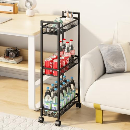 Slim Rolling Storage Cart, Metal 3 Tier Bathroom Storage Organizer Laundry Room Utility Cart for Kitchen, Bthroom, Makeup, Craft, Laundry Narrow Places, Black