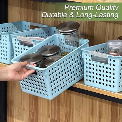 4 Pack Plastic Storage Basket with Handles, Small... (Blue | Plastic)