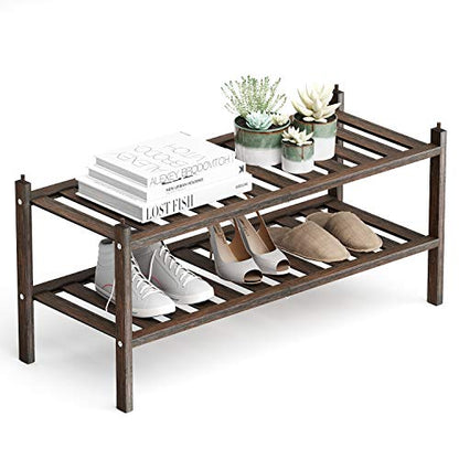 Bamboo 2-Tier Shoe Rack Stackable Shelf Storage Organizer for Entryway, Hallway and Closet, 27.2"x11"x13.2" (Mocha)