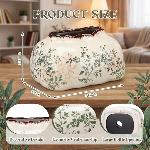 Yalikop Vintage Floral Ceramic Tissue Box Cover Chinoiserie Decorative Tissue Holder Retro Rustic Farmhouse Home Decor for Bathroom Vanity Table Living Room Bedroom Kitchen Office Green and Beige