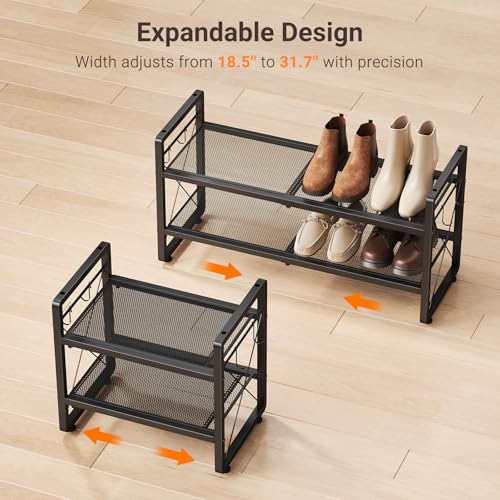 ELYKEN Expandable Shoe Rack for Closet, 2-Tier Metal Black Shoe Organizer | Adjustable Height Shoe Shelf for Boots, Heels, with 4 Hooks, Stackable Shoe Stand Holder for Entryway, Garage, Door Entrance