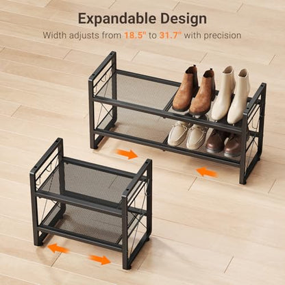 ELYKEN Expandable Shoe Rack for Closet, 2-Tier Metal Black Shoe Organizer | Adjustable Height Shoe Shelf for Boots, Heels, with 4 Hooks, Stackable Shoe Stand Holder for Entryway, Garage, Door Entrance