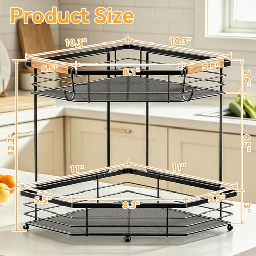 Fruit Basket for Kitchen Corner: Space-Saving 2-Tier | Sturdy Metal Fruit and Vegetable Stand Fits 90° Corners, Holds 12+ lbs, Frees 2 sq ft Counter Space