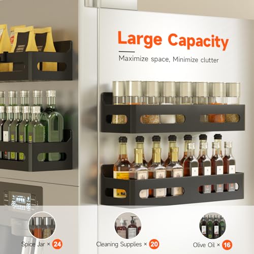 4-Pack Magnetic Spice Rack for Refrigerator with Hooks, Black | Strong multipurpose magnetic shelf for kitchen & bathroom organization. Includes 4 removable hooks for hanging items.