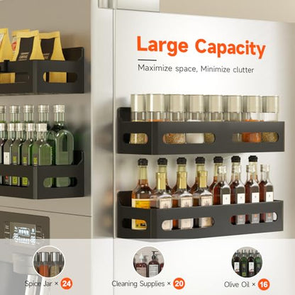 4-Pack Magnetic Spice Rack for Refrigerator with Hooks, Black | Strong multipurpose magnetic shelf for kitchen & bathroom organization. Includes 4 removable hooks for hanging items.