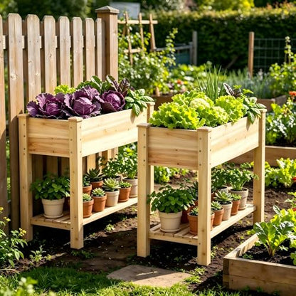 48x24x30.7in Wood Raised Garden Bed with Legs Wooden Planter Box with Storage Shelf Elevated Wood Planter Box for Vegetables Flowers Herbs Garden Planter for Backyard Patio Balcony (Natural, Medium)