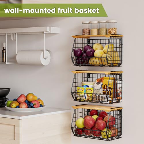 Hanging Fruit Basket for Kitchen, 3 Pack Vegetable Produce Basket | Wall Mounted & Countertop Wire Storage Basket for Potato Onion Fruits Vegetables, Pantry Organizers Storage