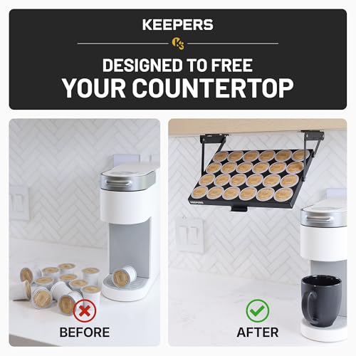 KEEPERS Under Cabinet K Cup Holder with Swing-Down Access – Space-Saving Coffee Pod Holder and K Cup Organizer for 24 Pods – Steel Coffee Pod Organizer with Easy DIY Installation