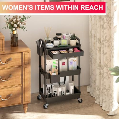 Goovilla 3 Tier Rolling Utility Cart Organizer with Removable Drawer, Black | Stable and Sturdy Rolling Storage Carts with 2 Lockable Wheels for Bathroom, Kitchen, Snack, Craft, Makeup, Baby Essentials