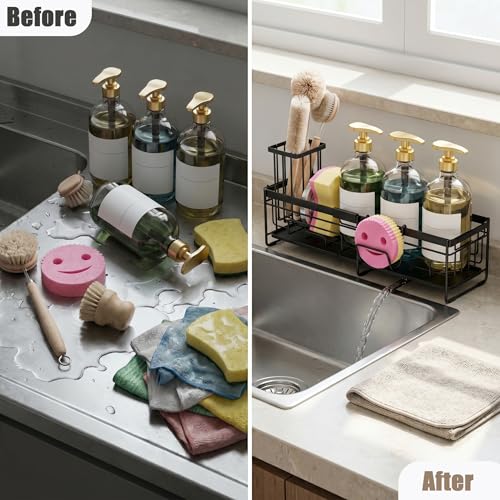 spospo Extendable Sponge Holder for Kitchen Sink Extra Large Sink Caddy | Adjustable Length Sink Caddy Organizer with High Brush Holder, Self-Draining Countertop Organizer