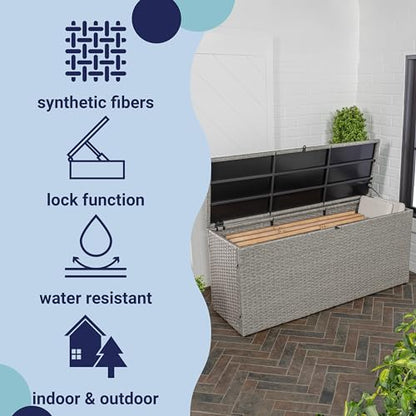 happimess Nino 59.06" Outdoor Faux Wicker Deck and Patio Storage Box, Gray | Modern Minimalist Design, Water-Resistant, Steel Frame, Lockable Lid, Soft-Close Gas Spring, Cushion and Tool Organizer