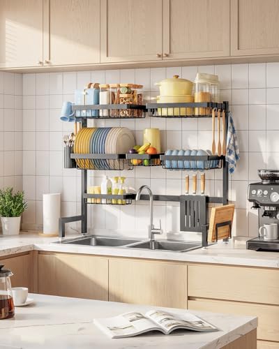Dish Drying Rack - Over The Sink Dish Drainer Drying Rack with Utensil & Knife Holder, Hooks, Stainless Steel Kitchen Organizers and Storage Solution, 11.8" D x 31.5"~39.0''W x 30" H, Black