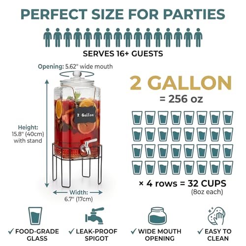 2 Gallon Glass Drink Dispenser, Drink Dispensers for Parties, Beverage Dispenser with Stand and Glass Lid, 100% Leakproof Spigot, Ideal for Lemonade, Juice, Laundry Detergent Dispenser