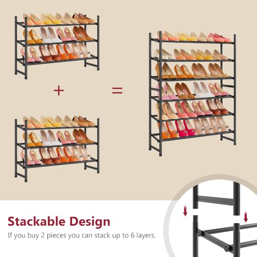 Expandable Shoe Rack for Closet 3 Tier, 28“-41“Stackable, Black | Adjustable Shoe Organizer Closet Shoe Rack Floor, Metal Shoe Shelf Storage for Entryway, Closet, Garage, Front Door Entrance