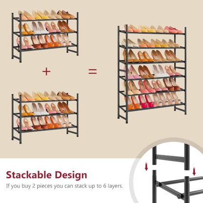 Expandable Shoe Rack for Closet 3 Tier, 28“-41“Stackable, Black | Adjustable Shoe Organizer Closet Shoe Rack Floor, Metal Shoe Shelf Storage for Entryway, Closet, Garage, Front Door Entrance