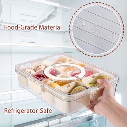 Divided Serving Tray with Lid and Handle - Snackle Box Charcuterie Container for Portable Snack Platters - Clear Organizer for Candy, Fruits, Nuts, Snacks - Perfect for Party, Entertaining