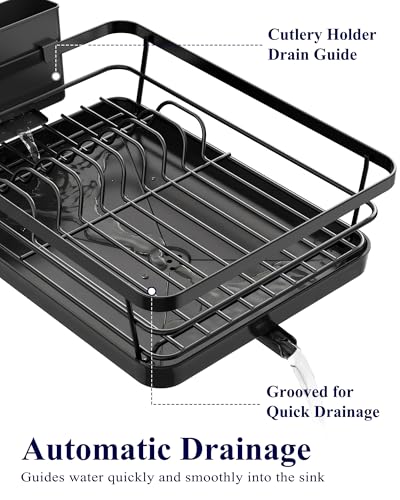 Kitsure Dish Drying Rack for Kitchen Counter, 12''W x 15.5''L, Black | Stainless Steel Sink Organization, Cutlery Holder, Home and Appartment Decor