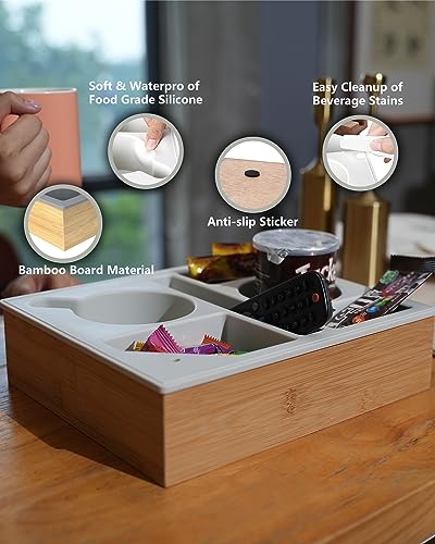 Couch Cup Holder Tray, Handy Silicone Bamboo Couch Caddy with Rotatable Phone Holder for Bed Car Seat Organizer, Waterproof Anti-Spill Sofa Cup Holder for Snacks Beverage Remote (White)