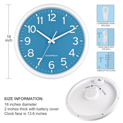 Caysie 16 Inch Sealed Large Outdoor Clock Waterproof, Silent Battery Operated Weatherproof Wall Clocks for Pool Patio Outside Home (White Blue)