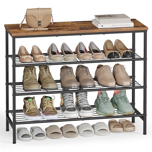 VASAGLE Shoe Rack, Shoe Storage Rack for Closet, Entryway, Living Room, Free Standing Metal Organizer Shelf, 4 Tiers, 11.8 x 29.5 x 27.2 Inches, for 12–16 Pairs, Rustic Brown and Ink Black ULBS049KD01