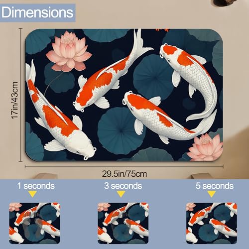 Japanese Fish Bath Mat,Fast Drying Lotus Flowers Leaves Bathmats for Bathroom, Non Slip Soft Diatomaceous Bath Rug Bathroom Accessories Thin Doormat for Home Kitchen 17 X 29.5 Inch