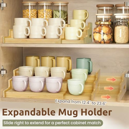 3-Tier Expandable Bamboo Mug Holder for Countertop Coffee Cup Holder Display Mug Organizer Mug Rack for Coffee Bar Organizer Mug Shelf for Cabinet for Kitchen, Home, No Assembly