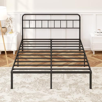 Kujielan 12 inches Full Size Bed Frame with Minimalist headboard,Metal Platform Base with Strong Metal Slats,Mattress Foundation for Under Bed Storage,Easy Assembly,Black