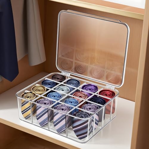 Socks Underwear Drawer Organizer for Closet, 16 Compartment Removable Divided Plastic Clear Sock Storage Box with Lid, Underwear Storage Tie Organizer Box for Bra Socks Ties Scarf Tea Bag