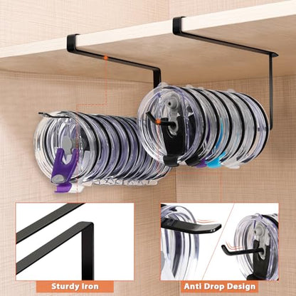 2 Pack Tumbler Lid Organizer, Versatile Storage Holds 20 Lids, Round&Flat | Space Saving Cup Lid Organizers Inside Cabinet Tumbler Lid Hook for Pantry Kitchen Organizer, Paper Towel Rack Hanger, Black