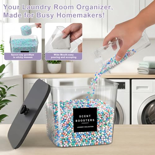 POLRAI Laundry Pod Containers and Dryer Sheet Holder and Laundry Detergent Dispenser Clear Laundry Room Organization and Storage with Wooden Lids Labels and spoon （2+1+1 Pack）