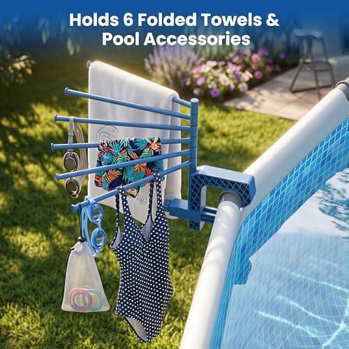 Poolside Pool Towel Rack Outdoor for Above Ground Round Pools, Stainless Steel Swivel Pool Towel Holder 6 Bars Towel Dying Rack Towel Stand for Above Ground Pool Accessories [Patent Pending]