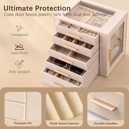 Homeanda Jewelry Boxes with Glass Lid, 5-Layer Large PU Leather, Beige | Modern style 10.2 x 7.1 x 9.5 inches vanity storage for rings, earrings, necklaces, bracelets and watches