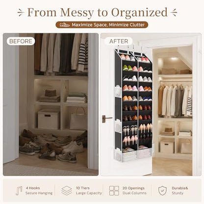 Over the Door Shoe Organizer, 20-30 Pairs Heavy-Duty Hanging Shoe Storage with Large Pockets, 10-Tier Door Shoe Rack with 4 Hooks for Sneakers Sandals Heels Boots (Black)